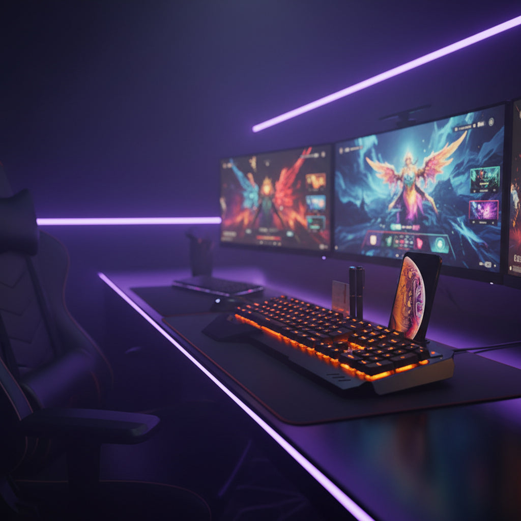 Mechanical keyboard with RGB lighting on a desk with smartphone and pen