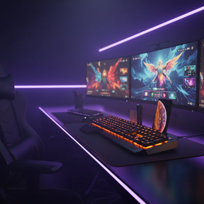 Mechanical keyboard with RGB lighting on a desk with smartphone and pen