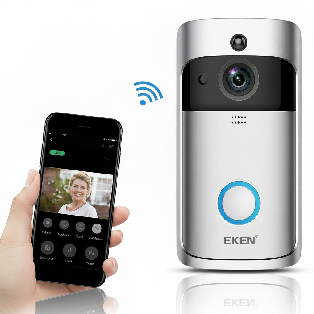 Smart doorbell with smartphone app interface, featuring EKEN brand.
