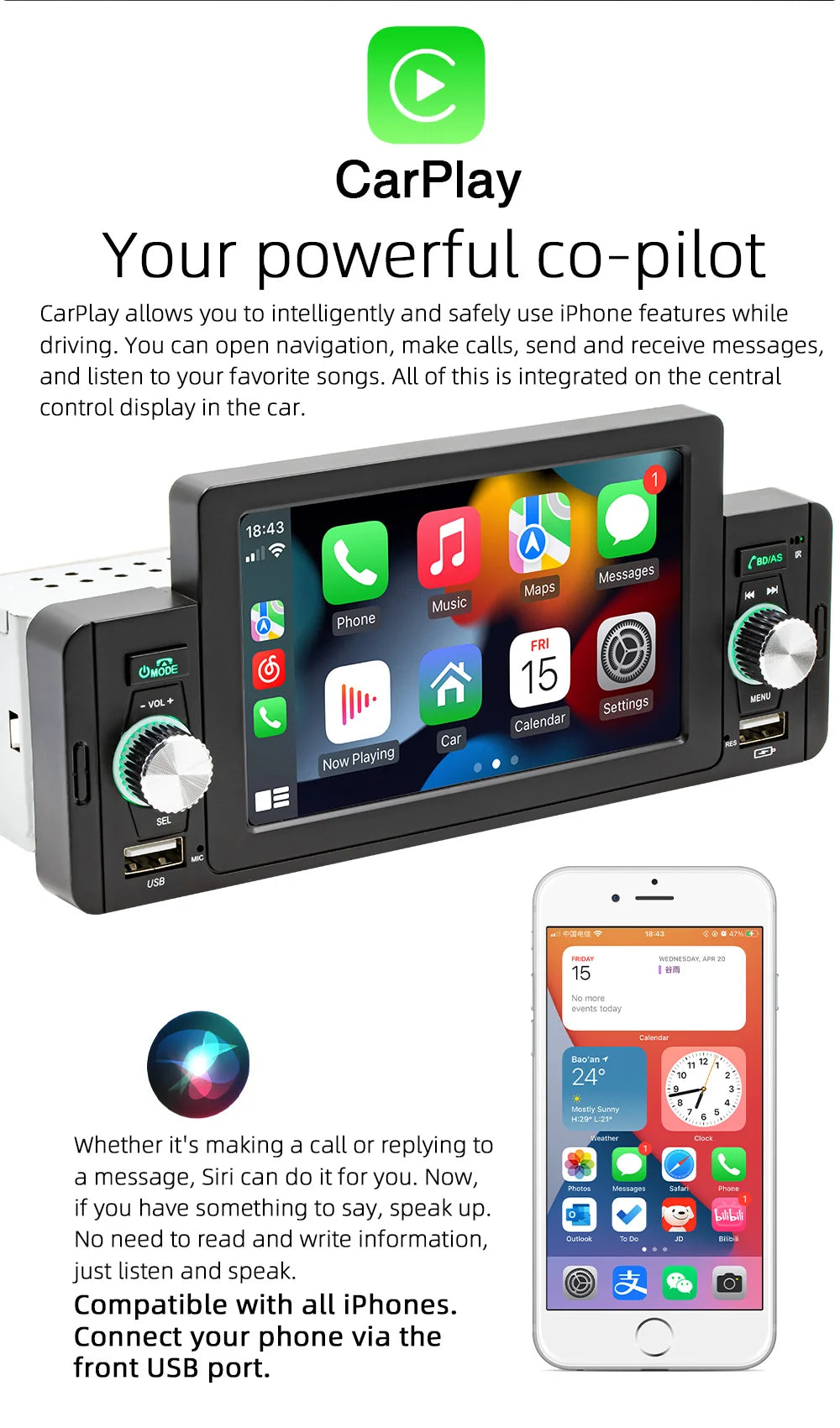5" HD Screen 1 Android Auto + Carplay