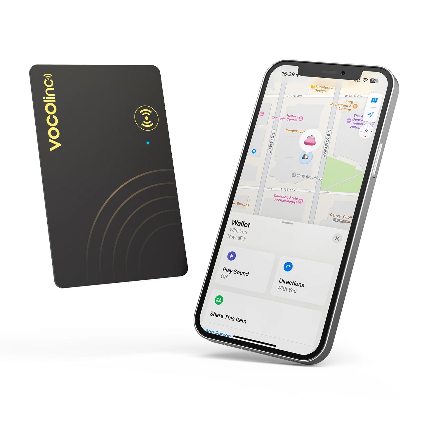 VOCOlinc Beursie Opsporing Kaartetiket, Motoropspoorder, Itemsoeker, Gebruik met Soek My (Slegs iOS)