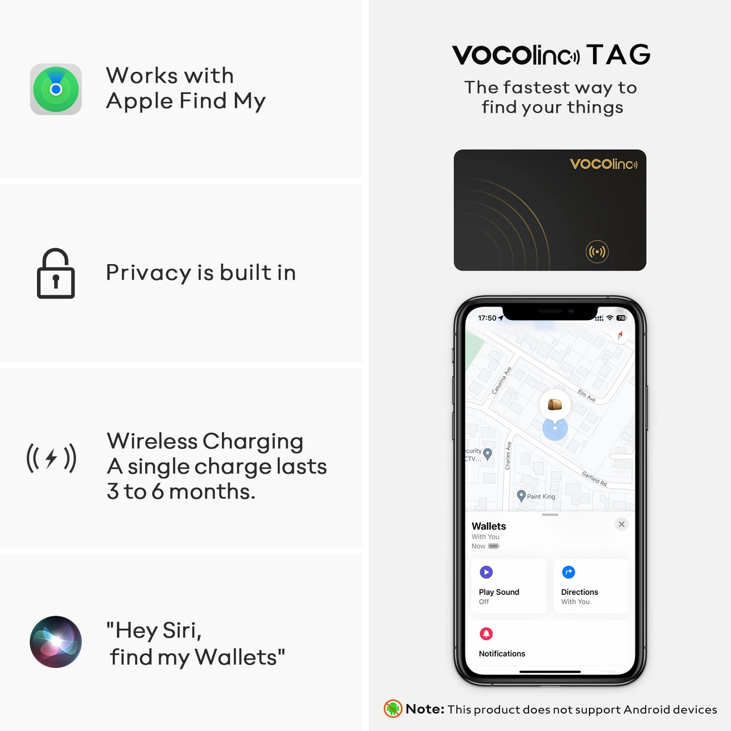 VOCOlinc Beursie Opsporing Kaartetiket, Motoropspoorder, Itemsoeker, Gebruik met Soek My (Slegs iOS)